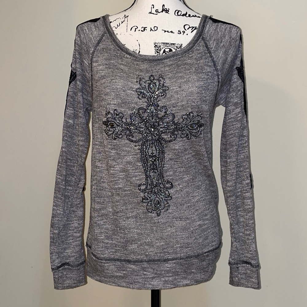 Miss Me Gray Long Sleeve Scoop Neck Top
with Lace Sleeves & Rhinestone Cross